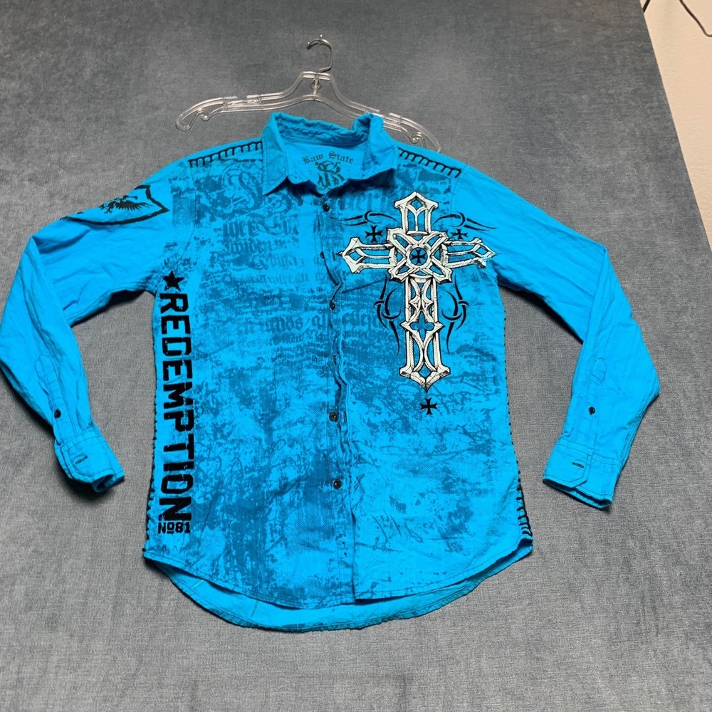 Y2K Raw State Redemption Shirt Mens Large Blue Cotton Cross Button Up